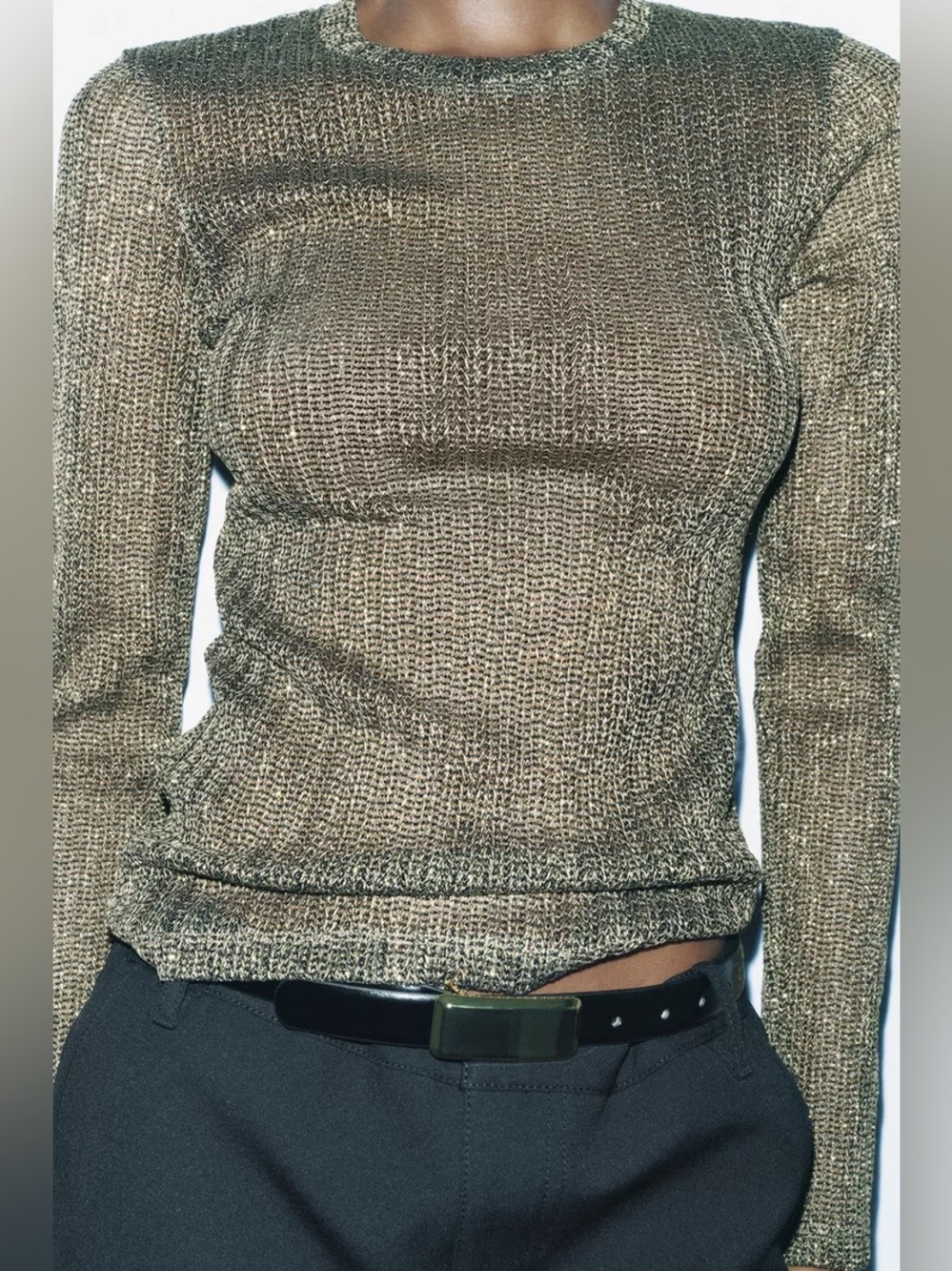Zara Metallic Gold Sheer Open Knit Long Sleeve Top Size M NWT